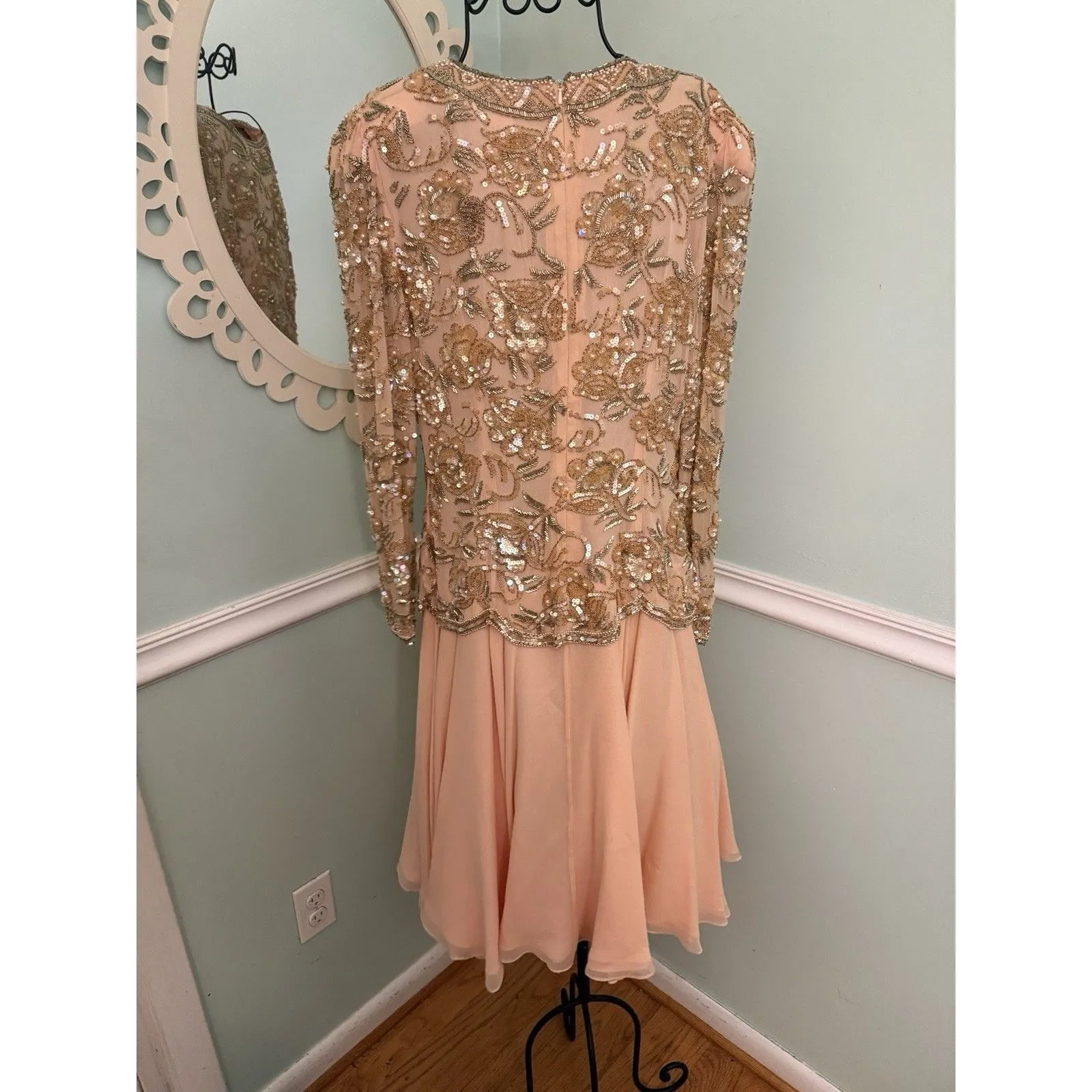 Black Tie Oleg Cassini beaded sequin gown Midi Peach Formal 8 Flowy Glam Pink - Image 3
