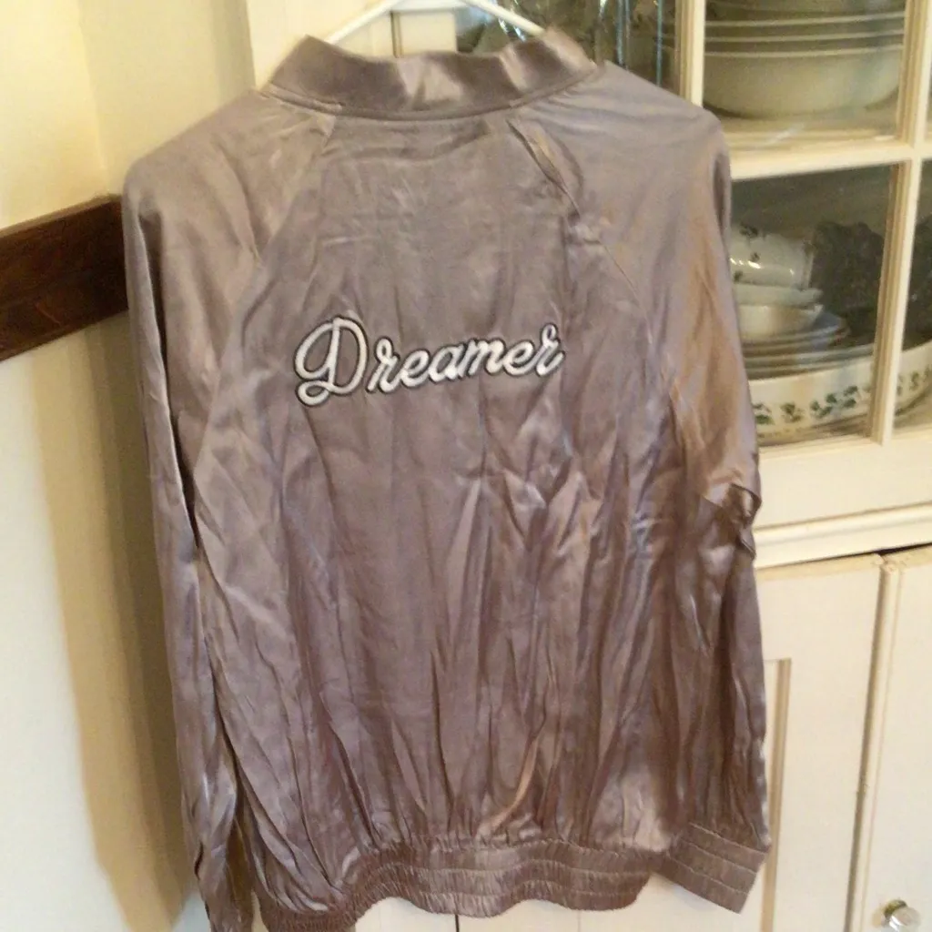 Womens Taupe Satin Dreamer Bomber Jacket sz medium bust 23” flat Tan - Image 5