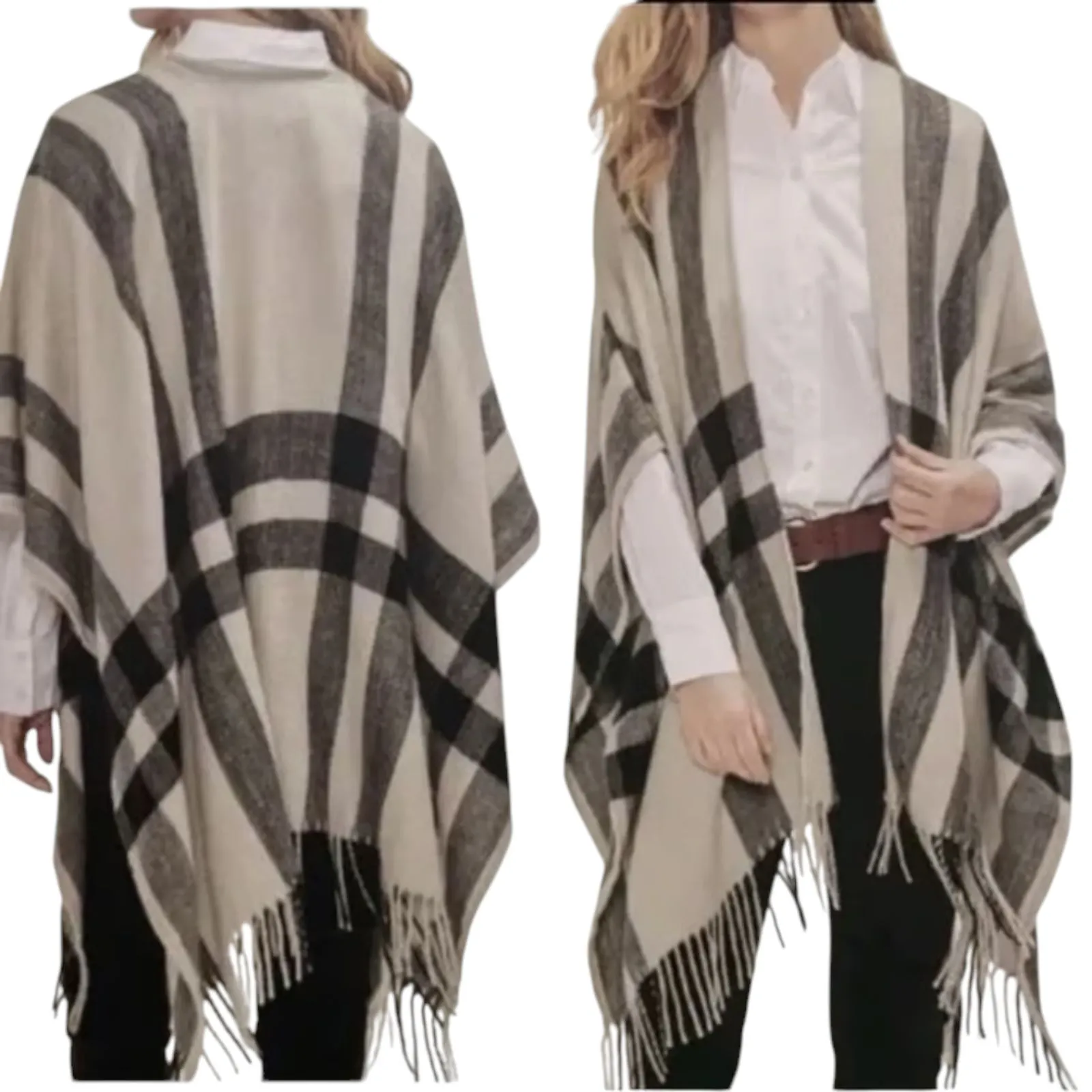 Banana Republic Cashmere Wool Blend Plaid Beige Black Fringe Wrap One Size NEW - Image 6