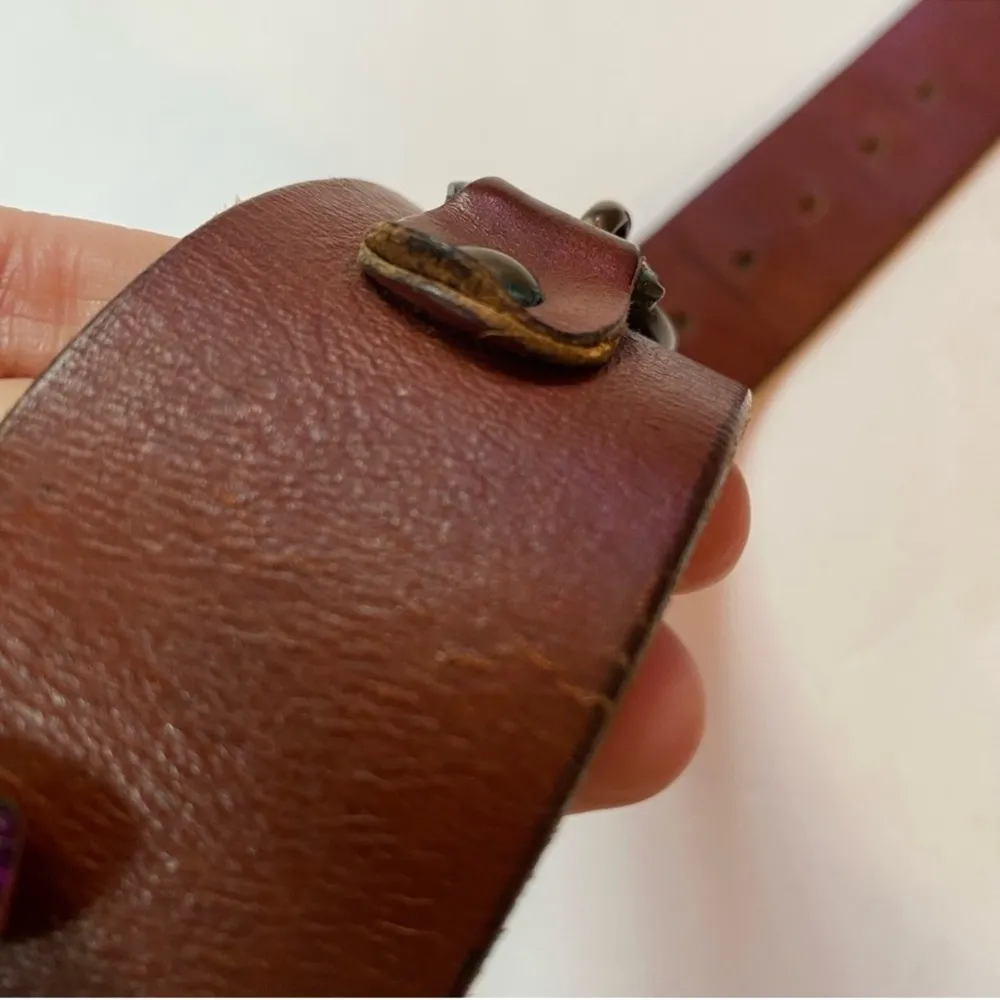 Vintage Wide Leather Belt with Brass Buckle & Chain Detail Brown - Image 9