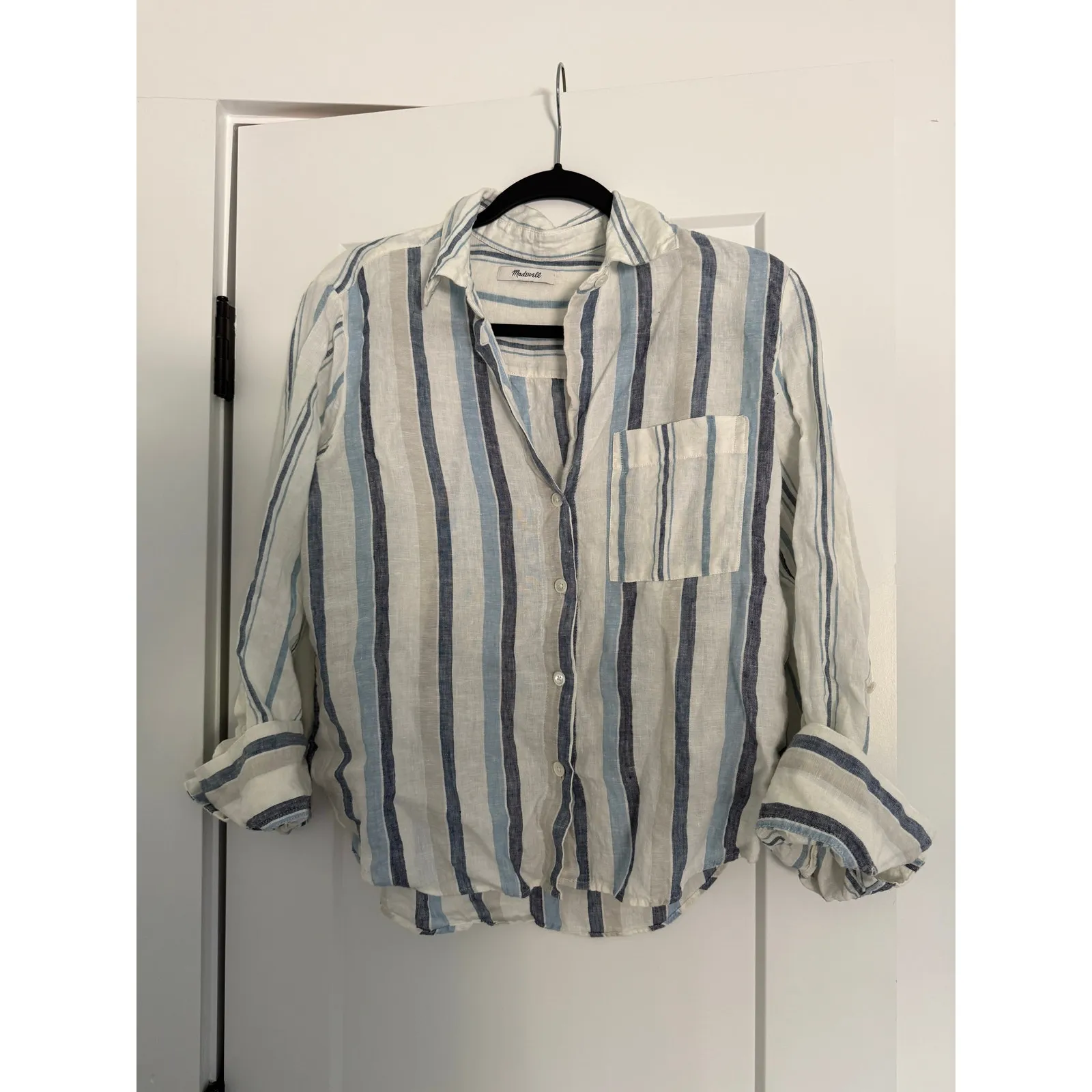 $98 Madewell Linen Easy Y-Neck Button-Up Shirt in Mixed Stripe - XS - Image 7