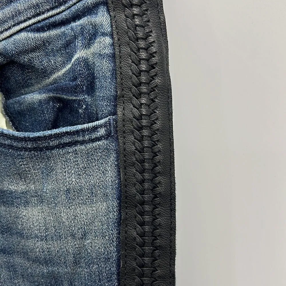 Express Jeans distressed with braided faux leather stripes on outside of legs - Image 3
