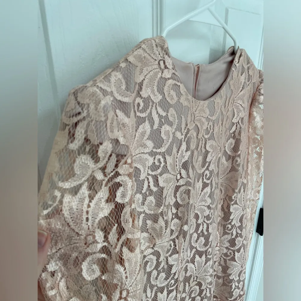 Le Art Vintage Pink Champagne Lace Layered Long Sleeve Dress Women’s Size 10 - Image 10