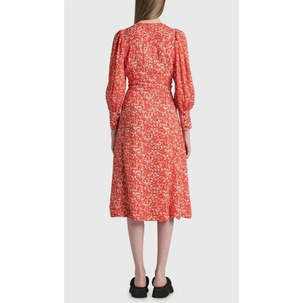 $325 NWT Ganni Floral Crepe Midi Dress Size 36 Orange - Image 4