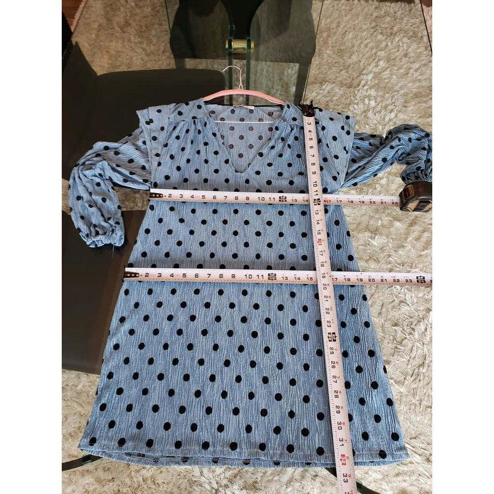Zara Fit & Flare Dress Womens S Blue Black Polka Dot Shoulder Long Sleeve V Neck - Image 7