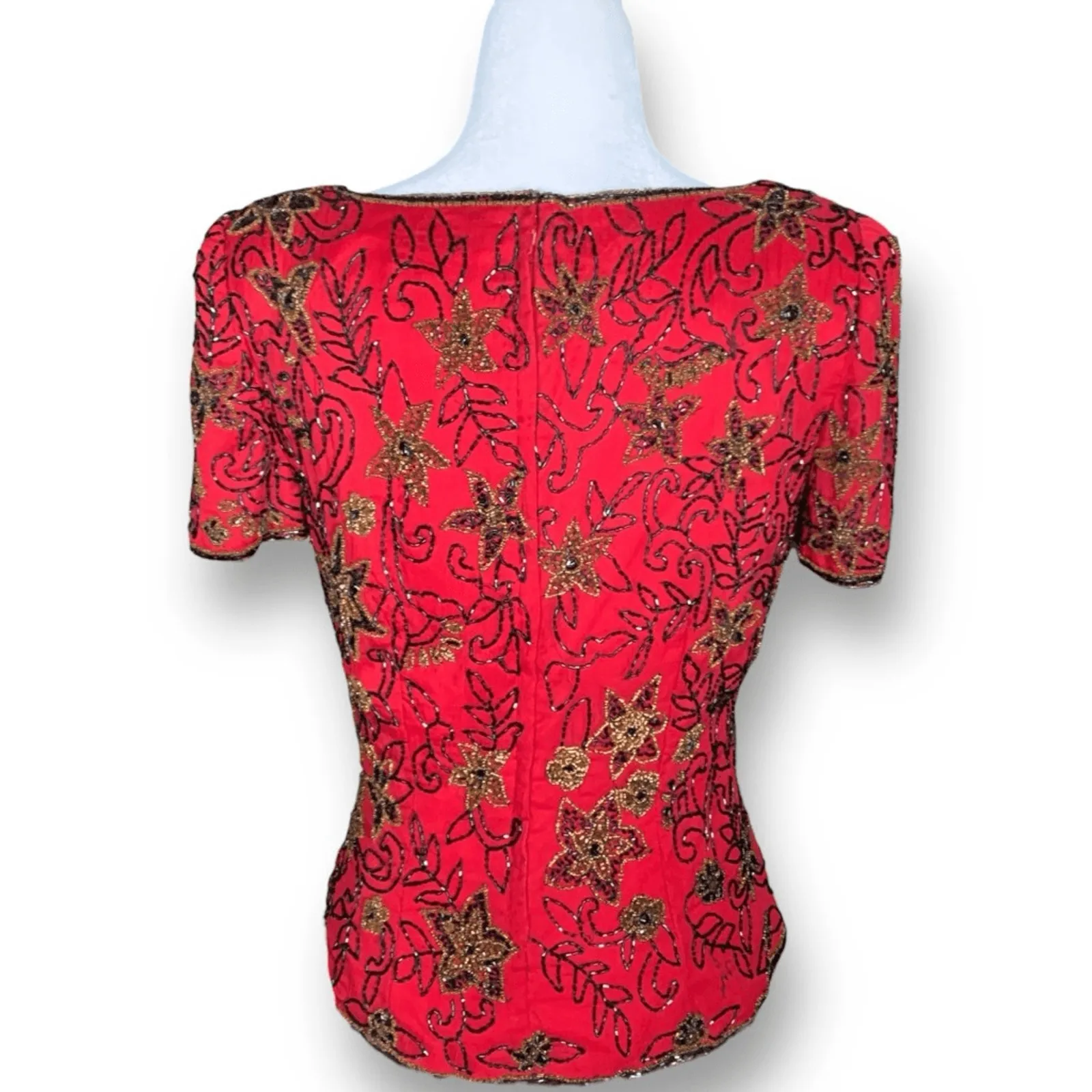 Vintage Papell Boutique Blouse Red Black Silk Embellished Metallic Floral Design - Image 6