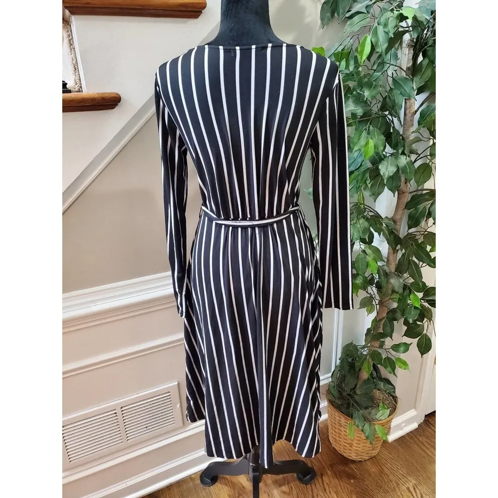 Levaca Womens Black Striped Polyester Round Neck Long Sleeve Knee Length Dress S - Image 8
