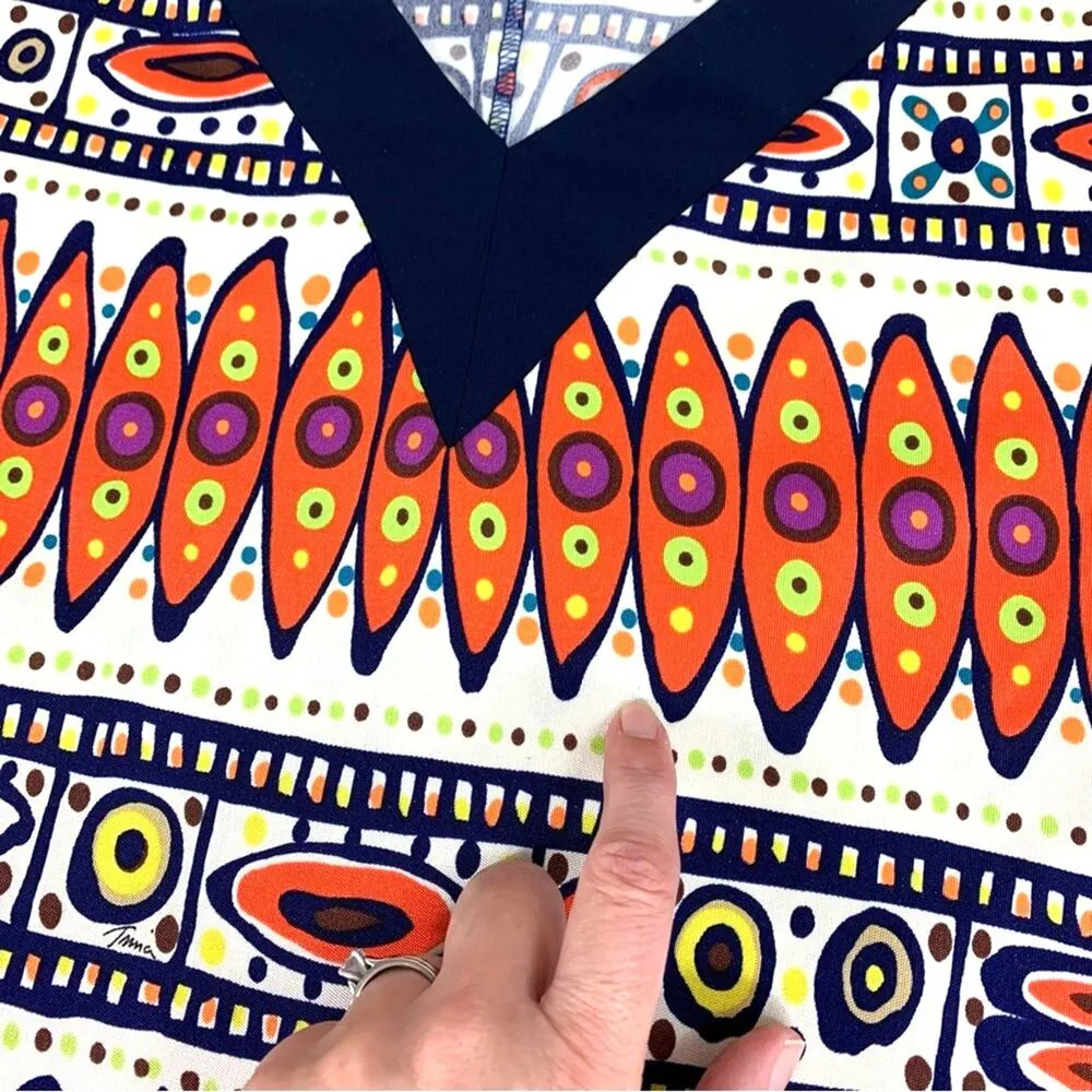 Trina Turk | Size 8 | Silk Multicolor Abstract Tribal Bell Sleeve V-Neck Dress - Image 12