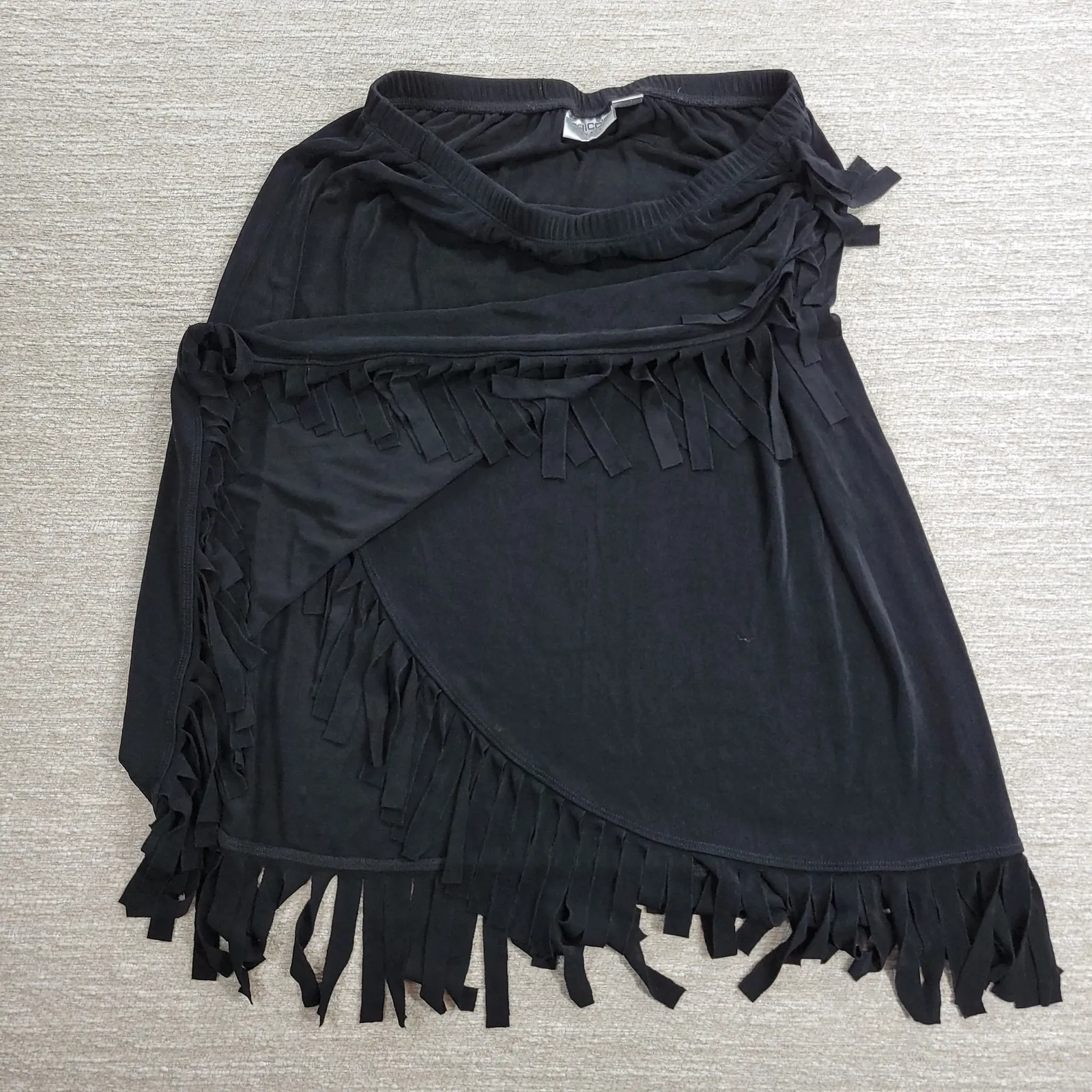 Chicos Travelers Fringe Skirt Womens XL Black Ribbed Faux Wrap Slinky Rodeo - Image 4