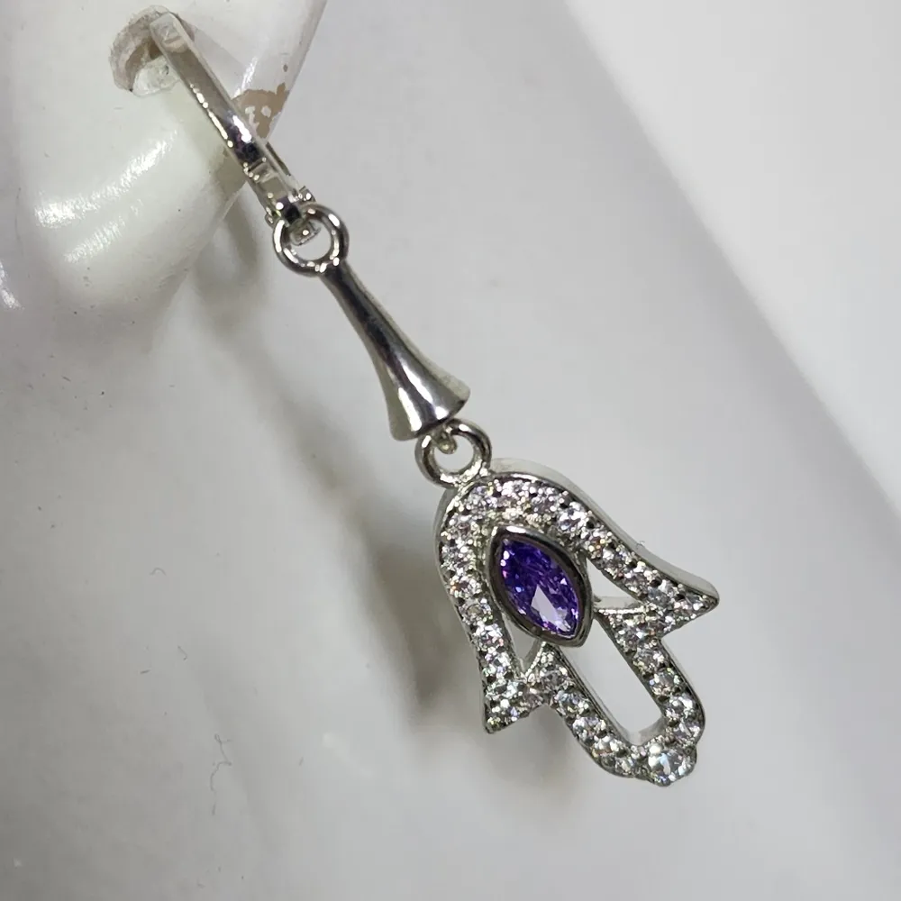 Silver Steel with Purple / Clear Zirconia Hamsa Hand Huggie Hoop Earrings - Image 3