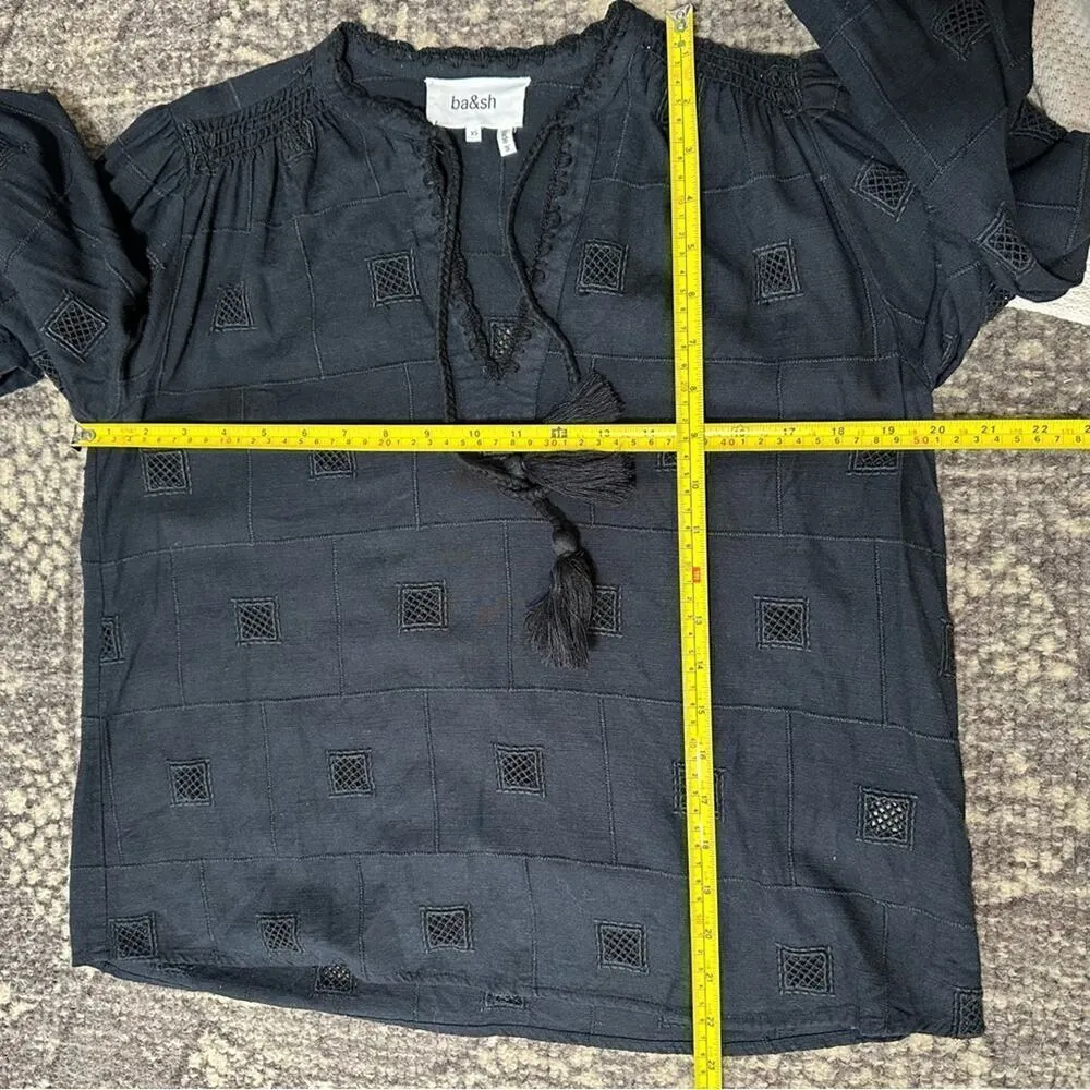 ba&sh Women’s Size 2 XS Black Linen Blend Ravel Openwork Tassel Top Shirt Blouse - Image 14