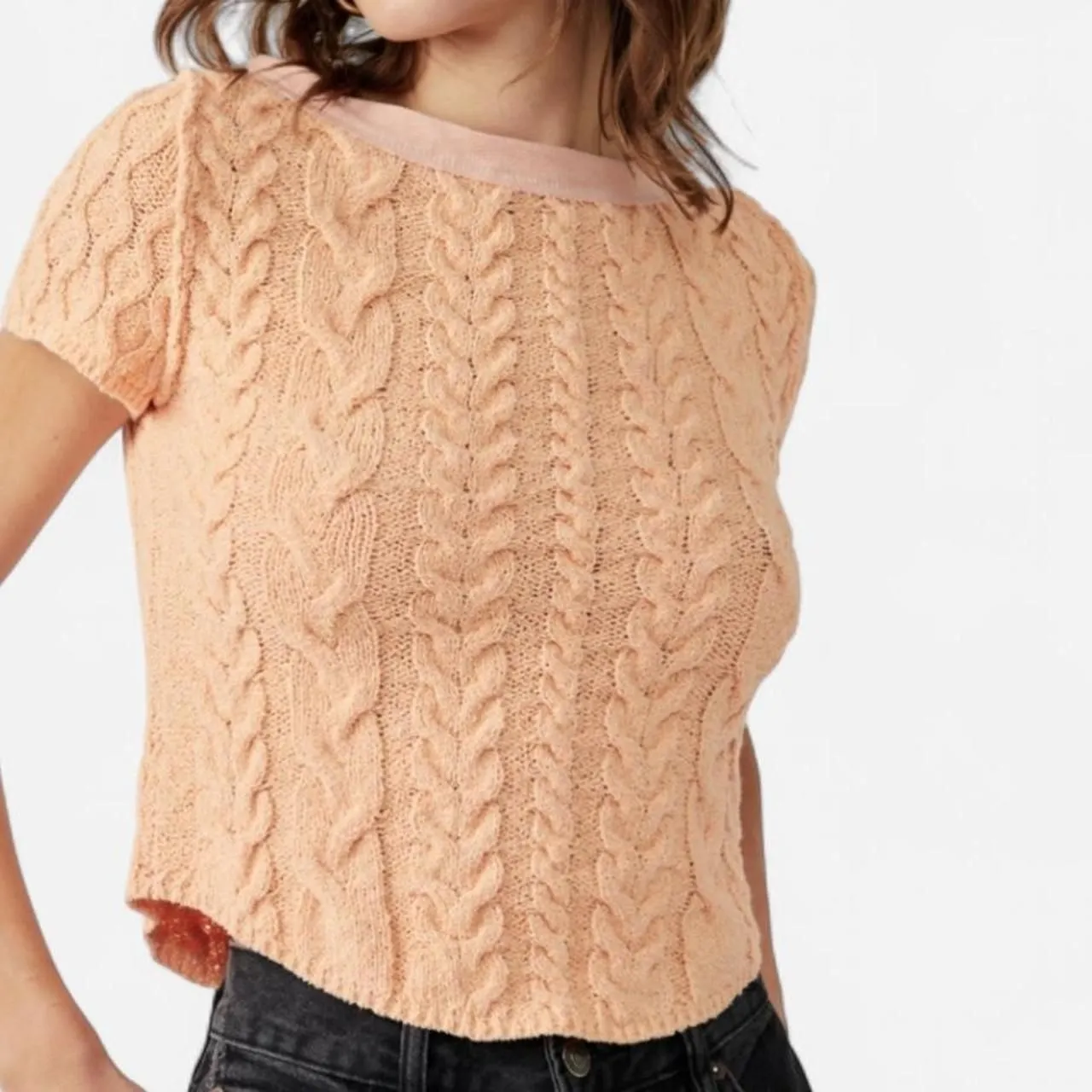 Free People Peach Baby Cable Knit Tee – Soft Girl Boho (XS) Orange - Image 3