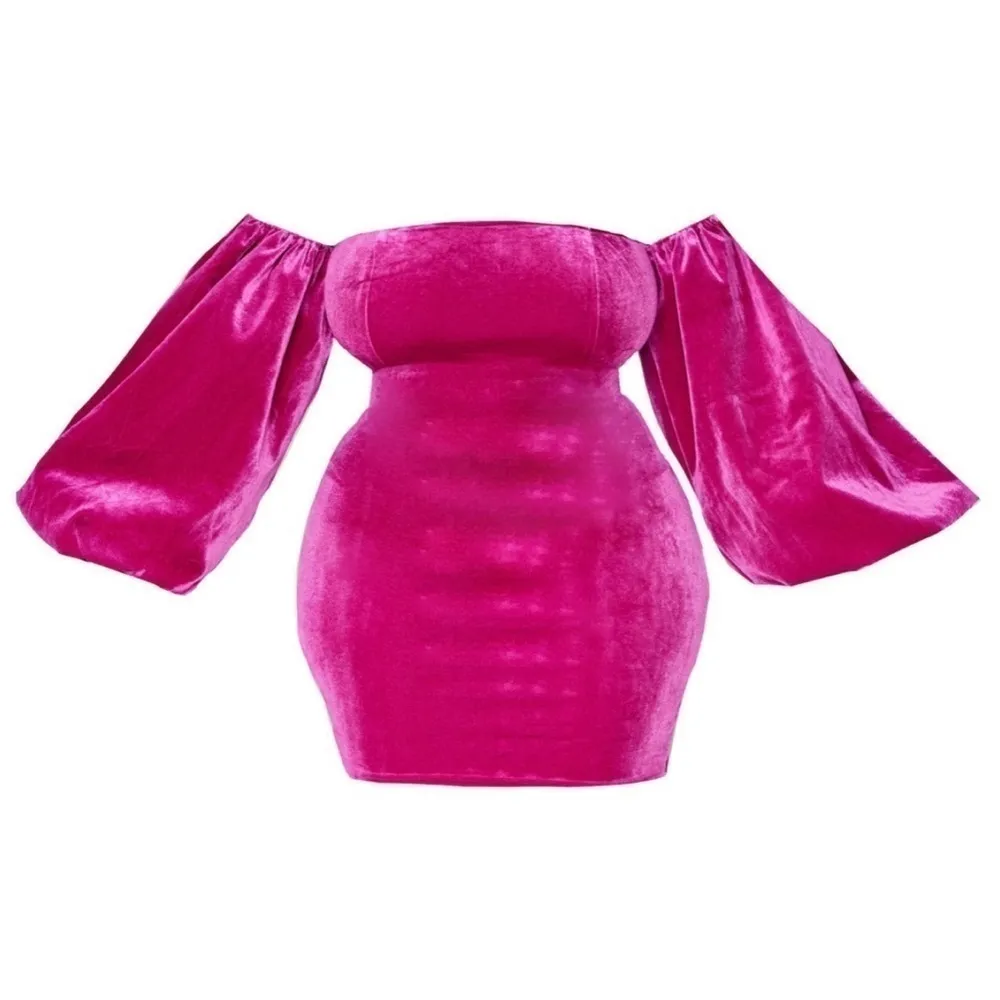 Pretty Little Thing Fuchsia Pink Velvet Puff Sleeve Bodycon Mini Dress XL 14 - Image 5