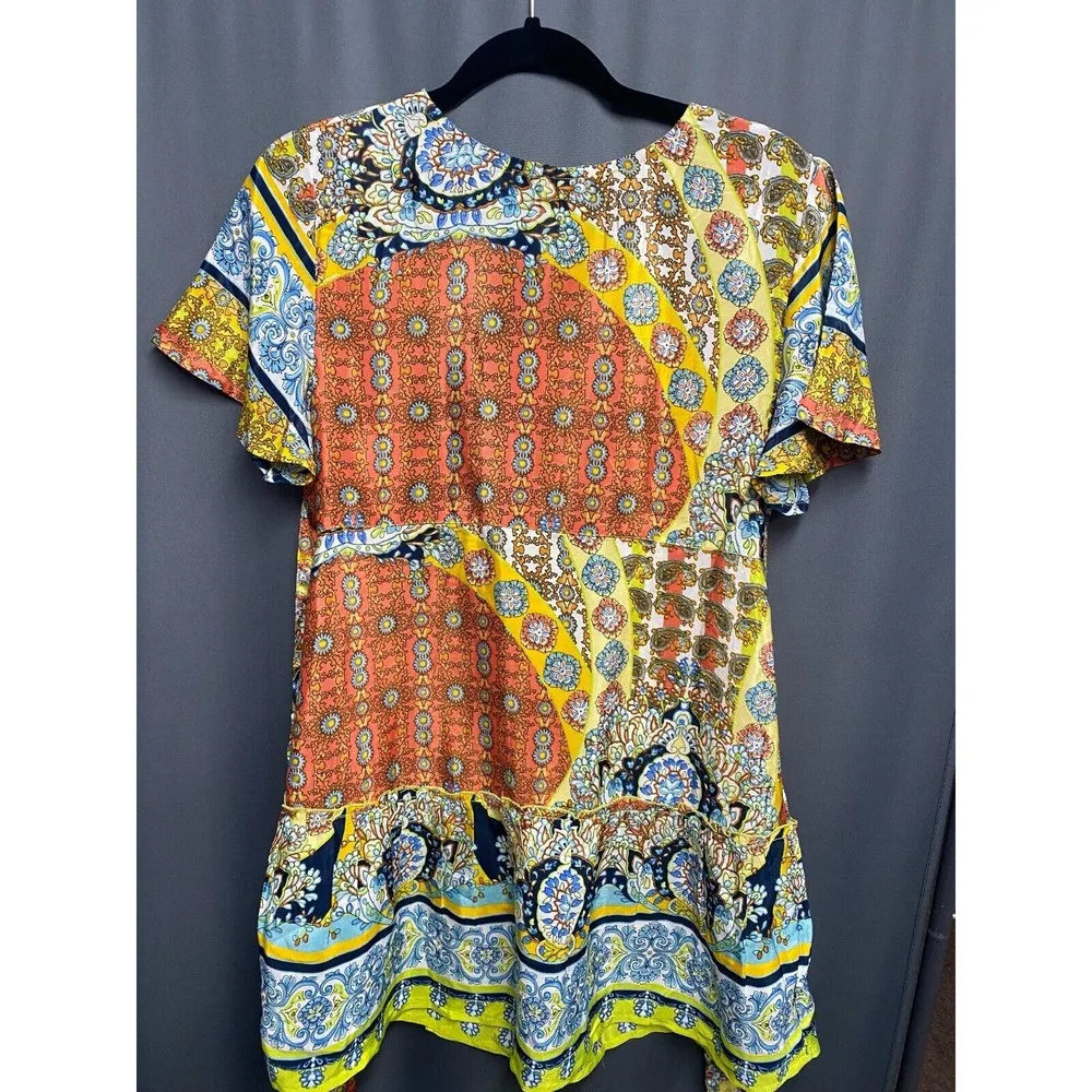 Raga Mini Wrap Dress Womens Small Multicolor Paisley Short Sleeve Hipster B35.2 - Image 6