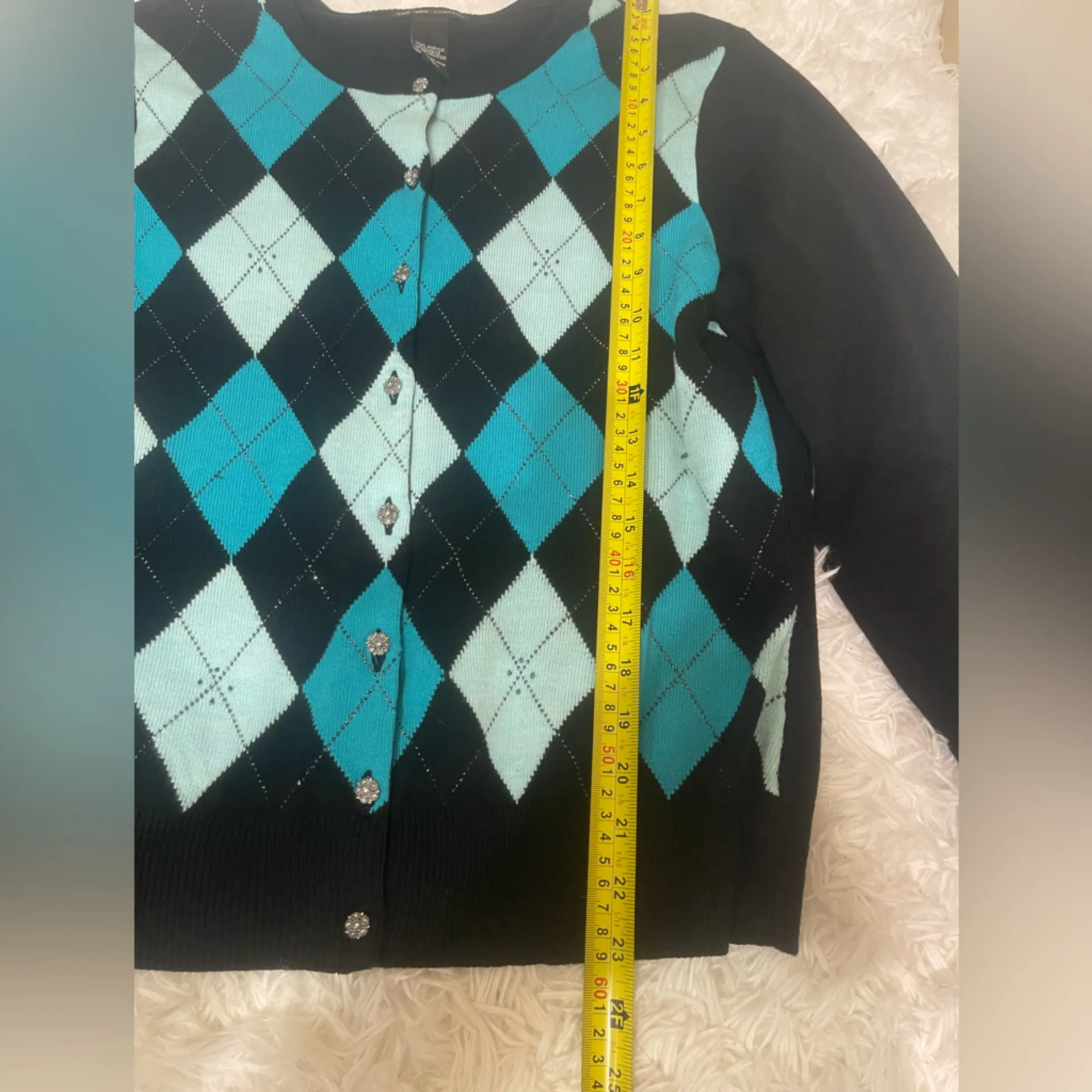 New York & Co. black turquoise argyle button up sweater cardigan woman’s XL Blue - Image 7