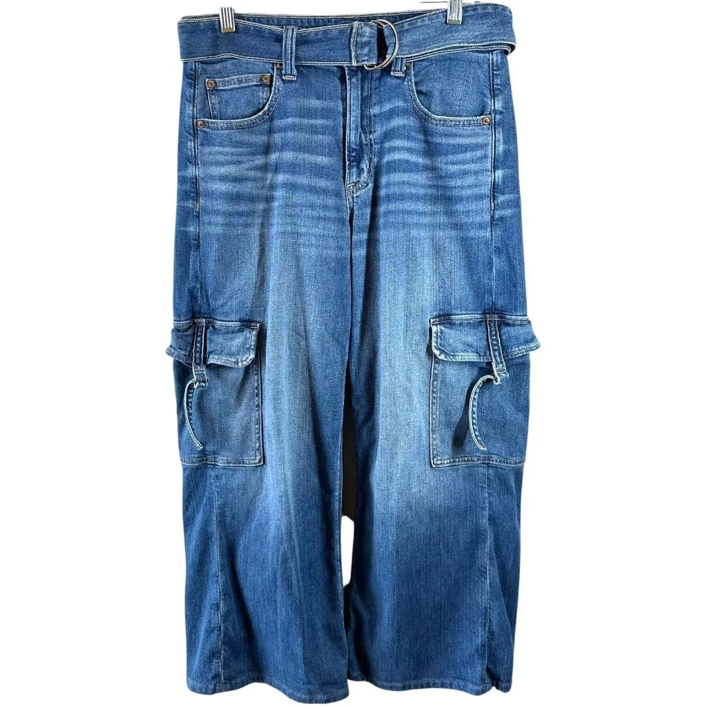American Eagle Super High Rise Jeans Baggy Wide Leg Cargo Size 6 Medium Wash - Image 2