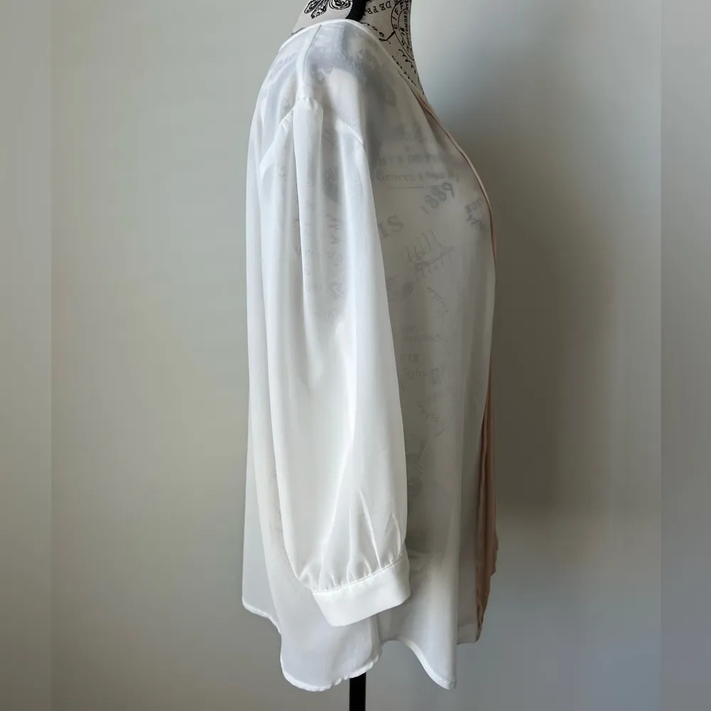 Ann Taylor Off-White w/ Beige & Pink Front Pleats 3/4 Sleeve Blouse Size Large - Image 5