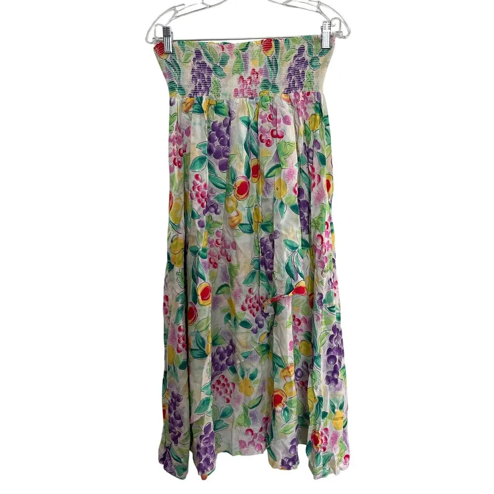 Vintage unbranded Floral fruit wrap smocked waistband midi skirt medium White - Image 10