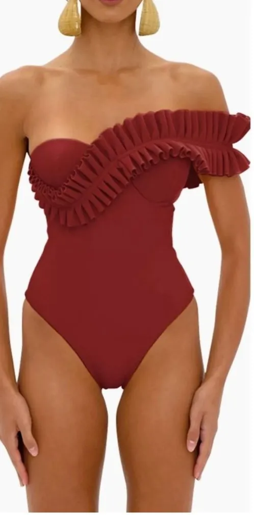 Andrea Iyamah Nisi One Shoulder Ruffle One Piece Swimsuit Chocolate Womens Size - Image 1