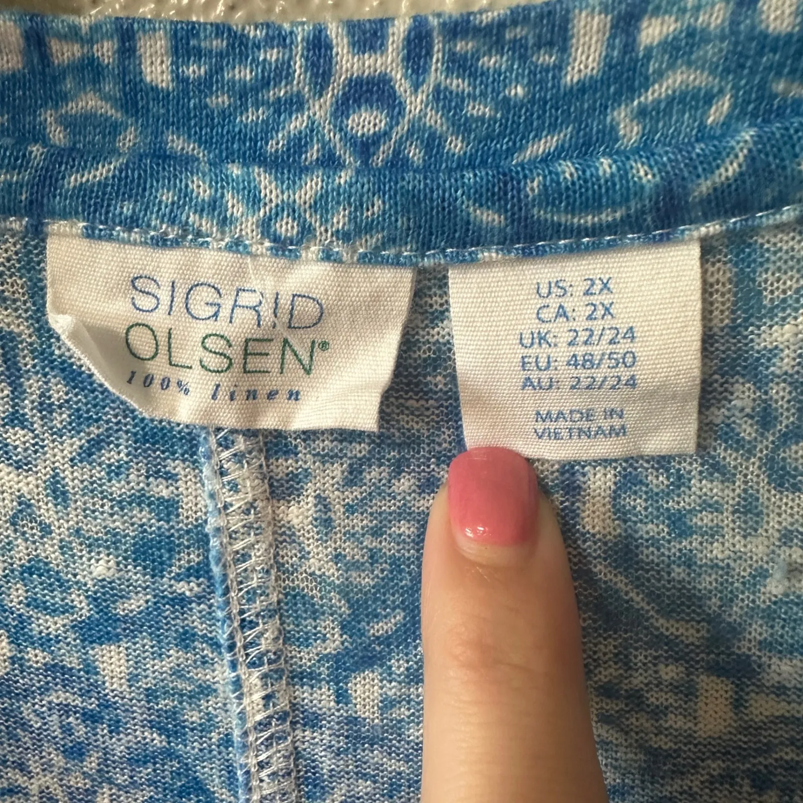 Sigrid Olsen Linen Top V Neck Blue Pattern Short Sleeve Tshirt Blouse Womens 2X - Image 4