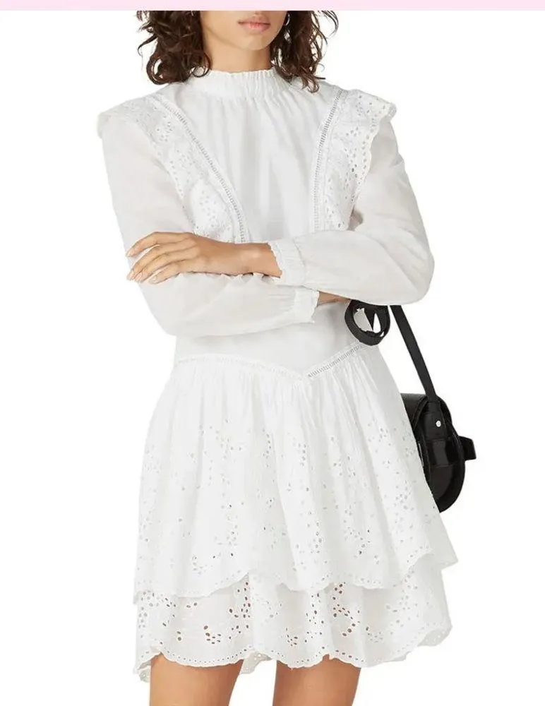 ALLSAINTS Aislyn Long Sleeve White Mini Dress w: Broiderie - Sz. 8 - Image 6