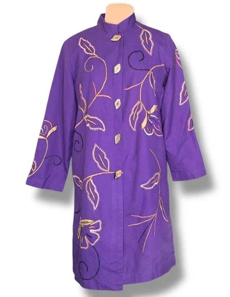 Vintage Indigo Moon Purple Embroidered Mandarin Collar Lightweight Floral Coat Size M - Image 10