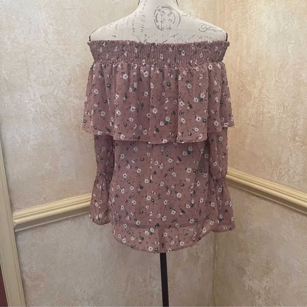 VERONICA M. Mauve Floral Off The Shoulders Blouse Top Neutral Browns Size Small - Image 6