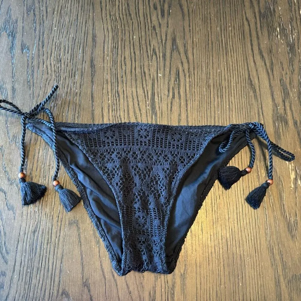 Victorias Secret Black Crocheted Side Tie Beaded Cheeky Swim Bikini Bottom Large - Image 2