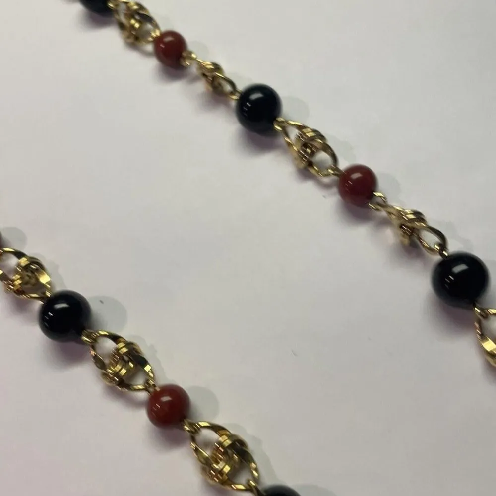 Signed Monet Long Beaded Costume Gold Tone Necklace Red / Black Bead - Image 3