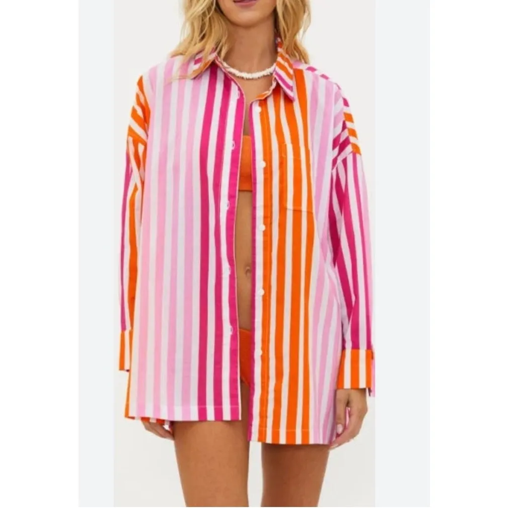 Beach Riot Alexa Sunset Stripe Button Down Swim Cover-Up Shirt Sz L Petite - Image 12