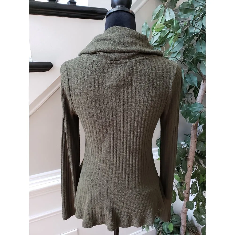 Maeve by Anthropologie Sweater Womens XS Green Cowl Neck Ribbed Peplum Hem - Image 5