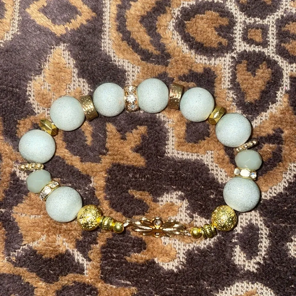 Beaded Amazonite Handmade Bracelet with flower spacer Gold - Image 6
