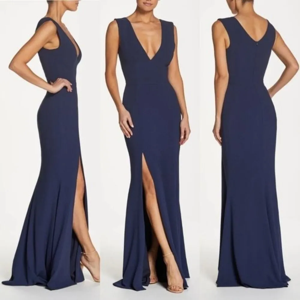Dress the Population Sandra Plunge Crepe Trumpet Gown Mermaid Maxi Dress Blue - Image 3