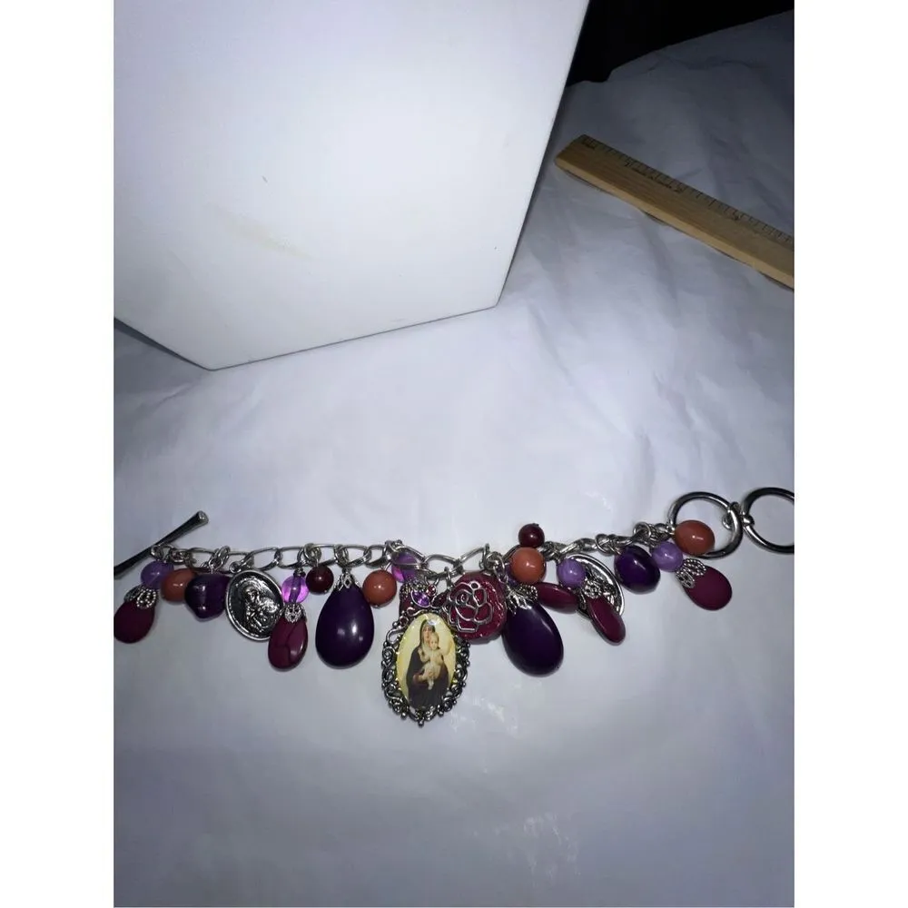 Silver Tone Religious Icon and Beaded Toggle Closure Bracelet - Image 3