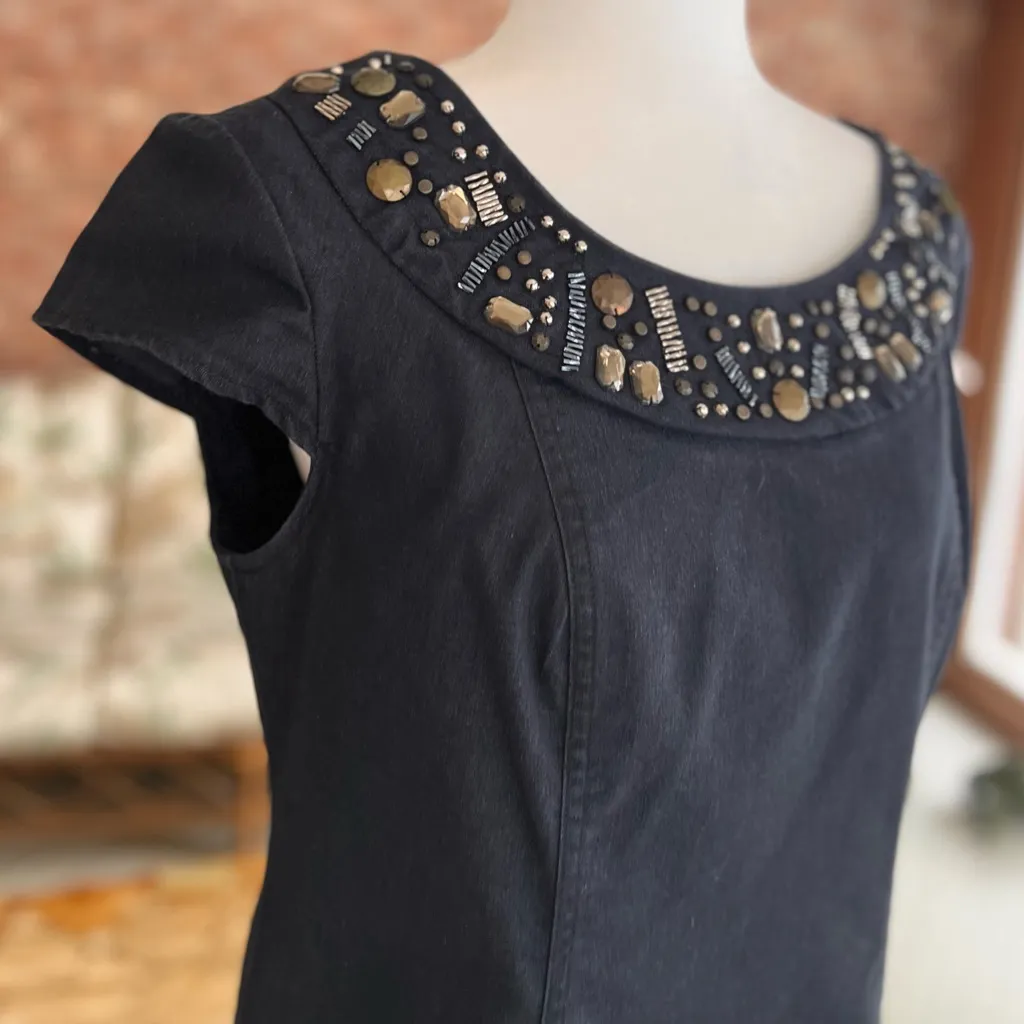 Dressbarn Dress Denim Mini Sheath Black Embellished Cap Sleeve 8 - Image 13