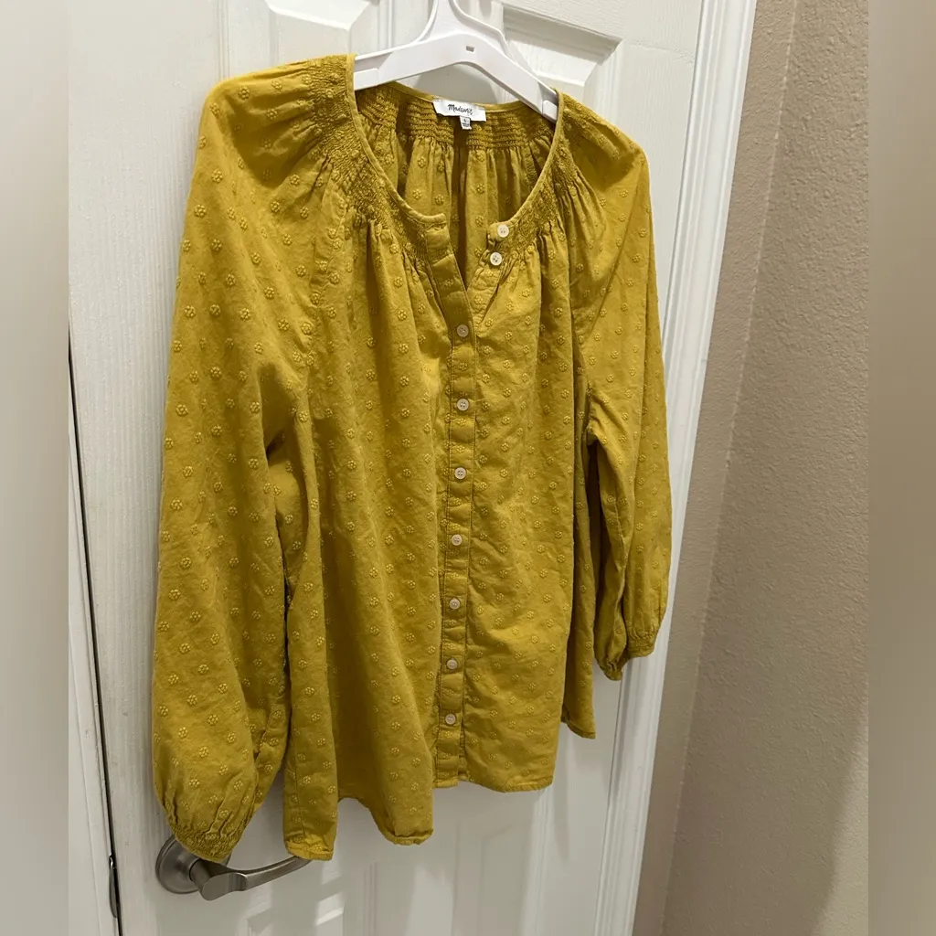 MADEWELL Floral Embroidered Smocked-Neck Raglan button up Top Size Large yellow - Image 9