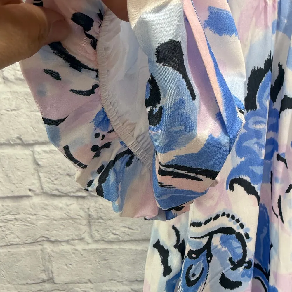 Joy Joy Pleated Puff Sleeve Dress Sumpy Summer Paisley Size L Blue Pink White - Image 6