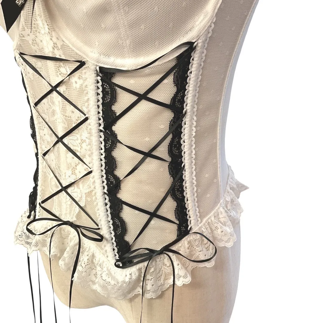 Women's Goth Sleeveless‎ Lace Up Cami Bow Lace Trim Punk Corset Top Sz L - Image 6