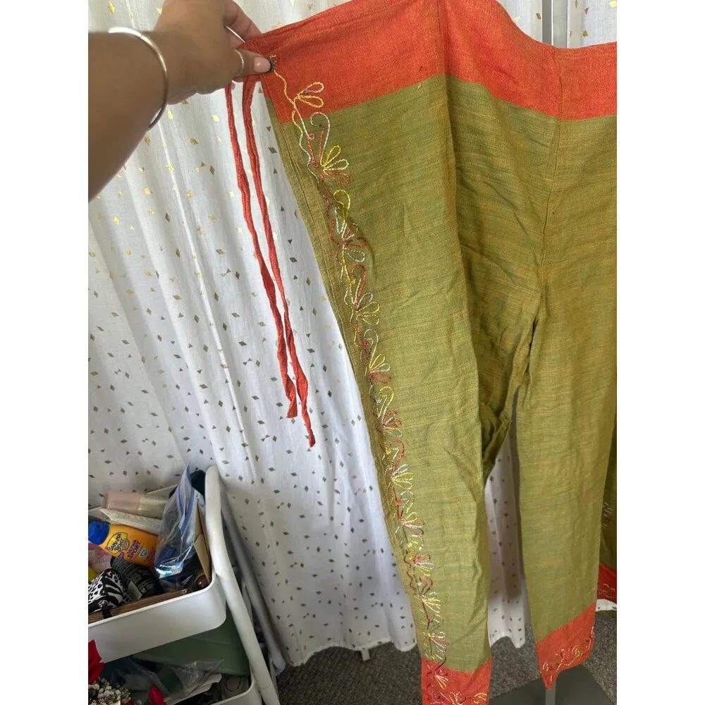 Unbranded Bohemian Embroidered Self Tie 80s Inspired Wrap Around Midi Pants S/M Green Size M - Image 4
