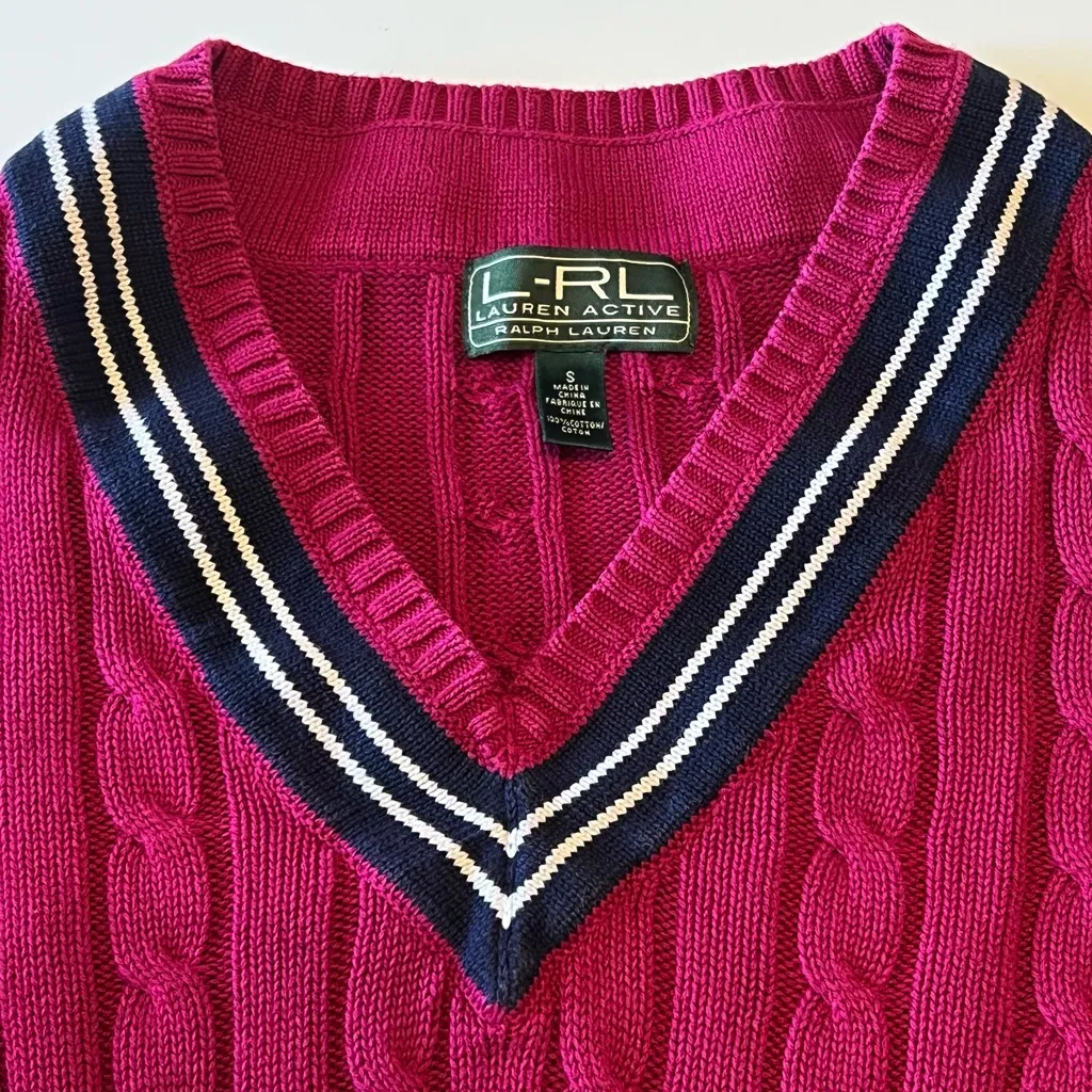 Ralph Lauren Lauren Active Collection Y2K Tennis V Neck sweater cableknit, sz S - Image 6
