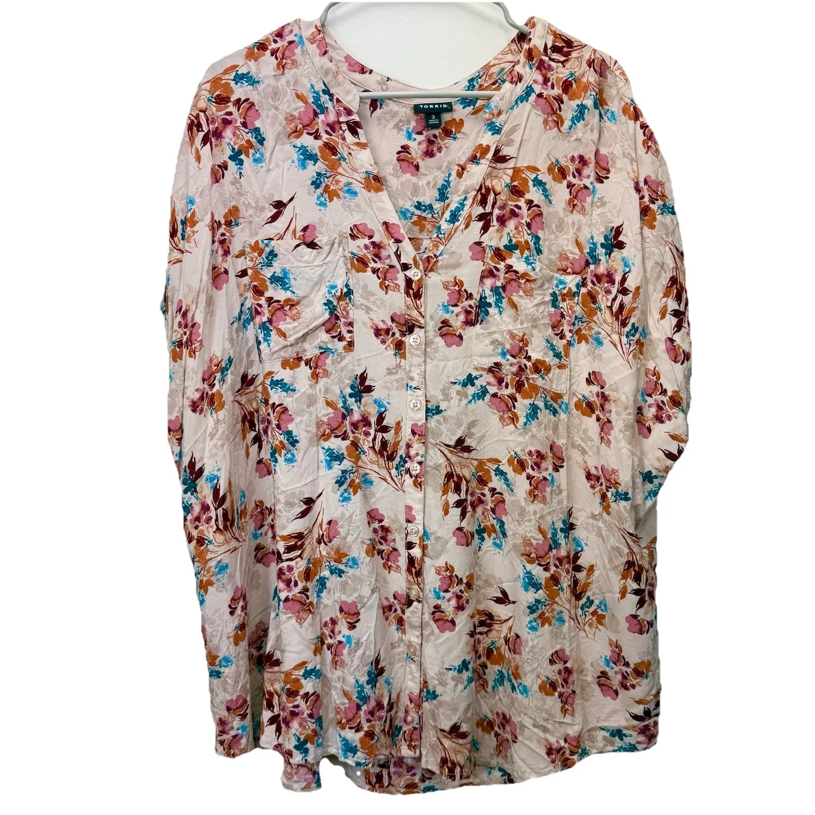 Torrid Floral Beige Challis Button Front Dolman Sleeve Top Size 3X - Image 5