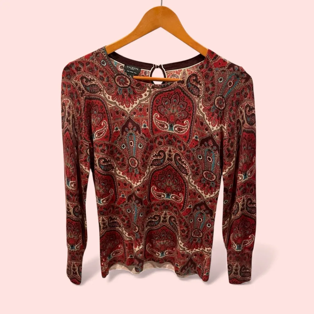 Sweet kashmiri nights paisley boho marino wool crew neck lightweight sweater - Image 2