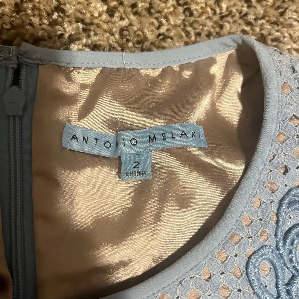 Antonio Melani Light Blue Eyelet Lace Cap Sleeve Asymmetric‎ Cocktail Dress Sz 2 - Image 3