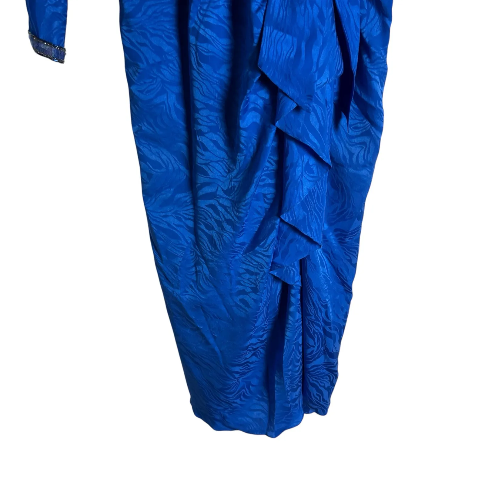 Vintage 80s d’ore Royal Blue Jewel Beaded Silk Jacquard Long Sleeve Dress Size 8 - Image 11