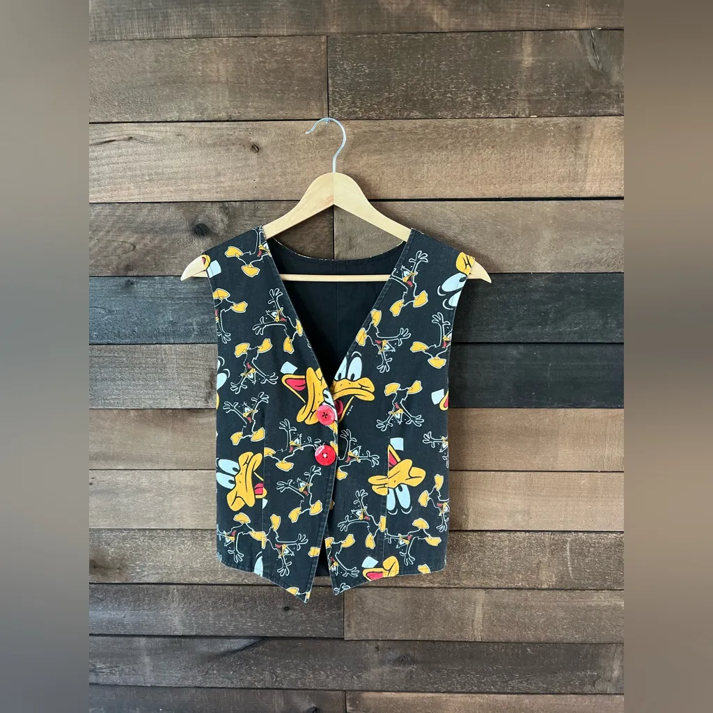 Vintage Daffy Duck Looney Tunes Button Vest Cartoon Print Black Red Graphic - Image 11