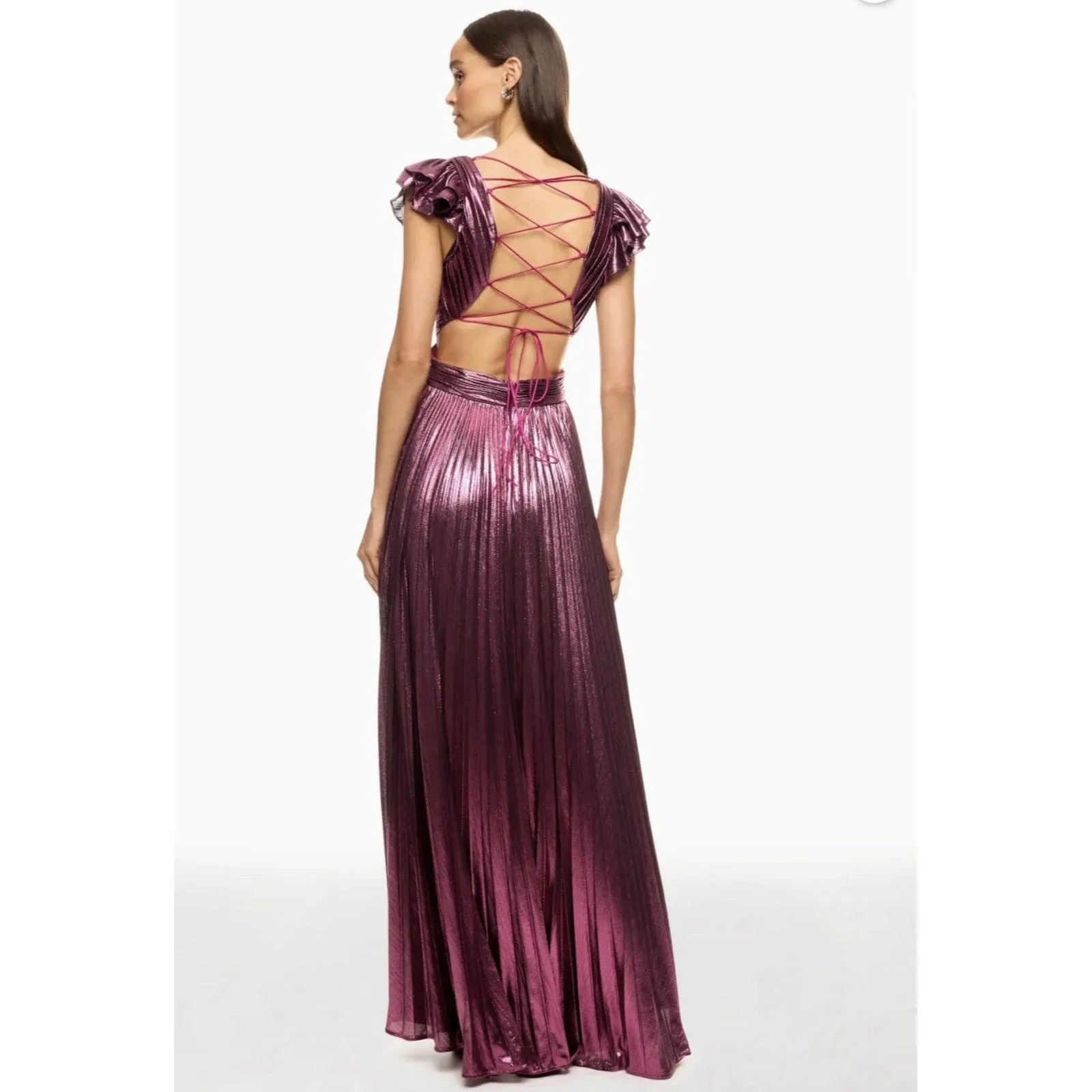 IEENA FOR MAC DUGGAL Pink Ruffle Sleeve Cutout Pleated Metallic Gown - Image 2