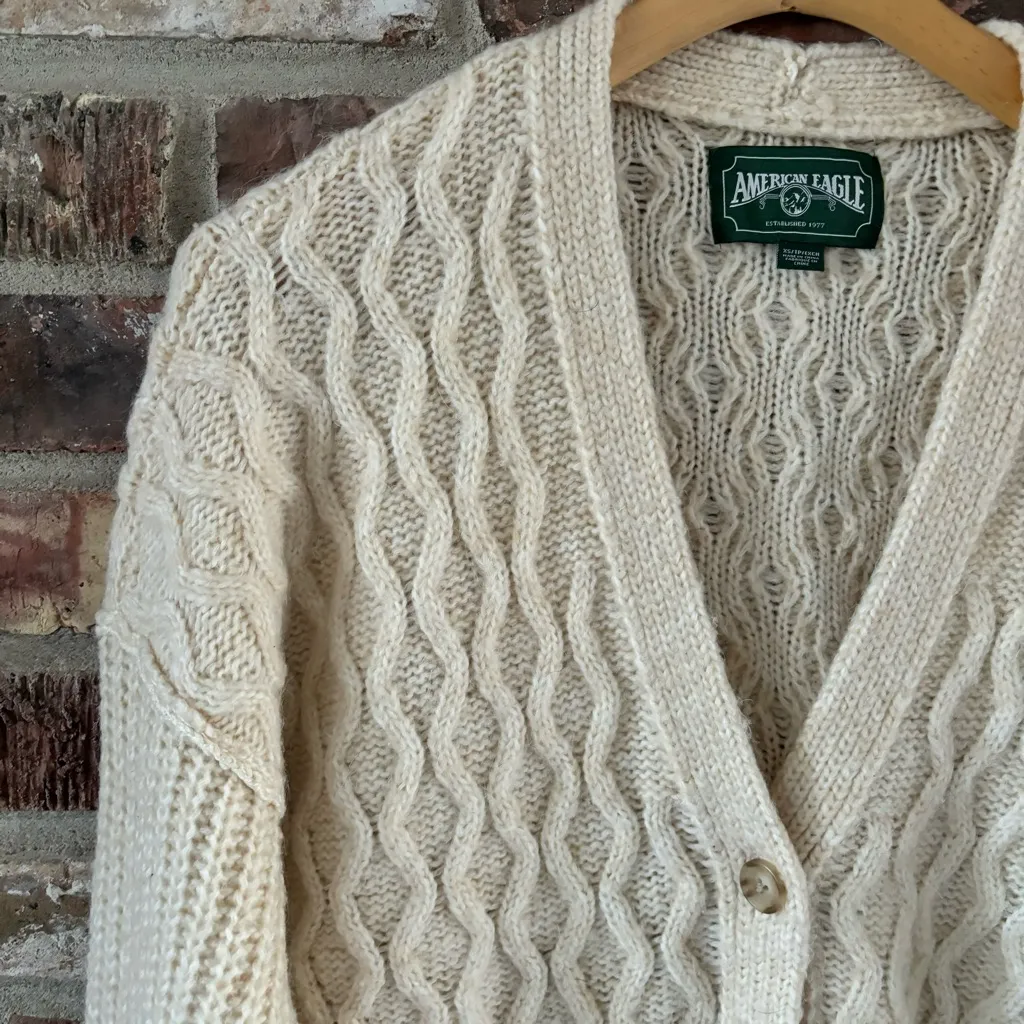 American Eagle Cream Cable Knit Cardigan Sweater, XS - Image 4