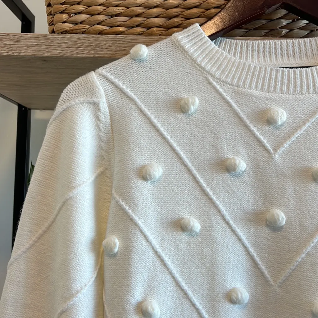 Simplee Pom Pom Bobble Stitch Cable Knit Long Sleeve Sweater, Small White - Image 4