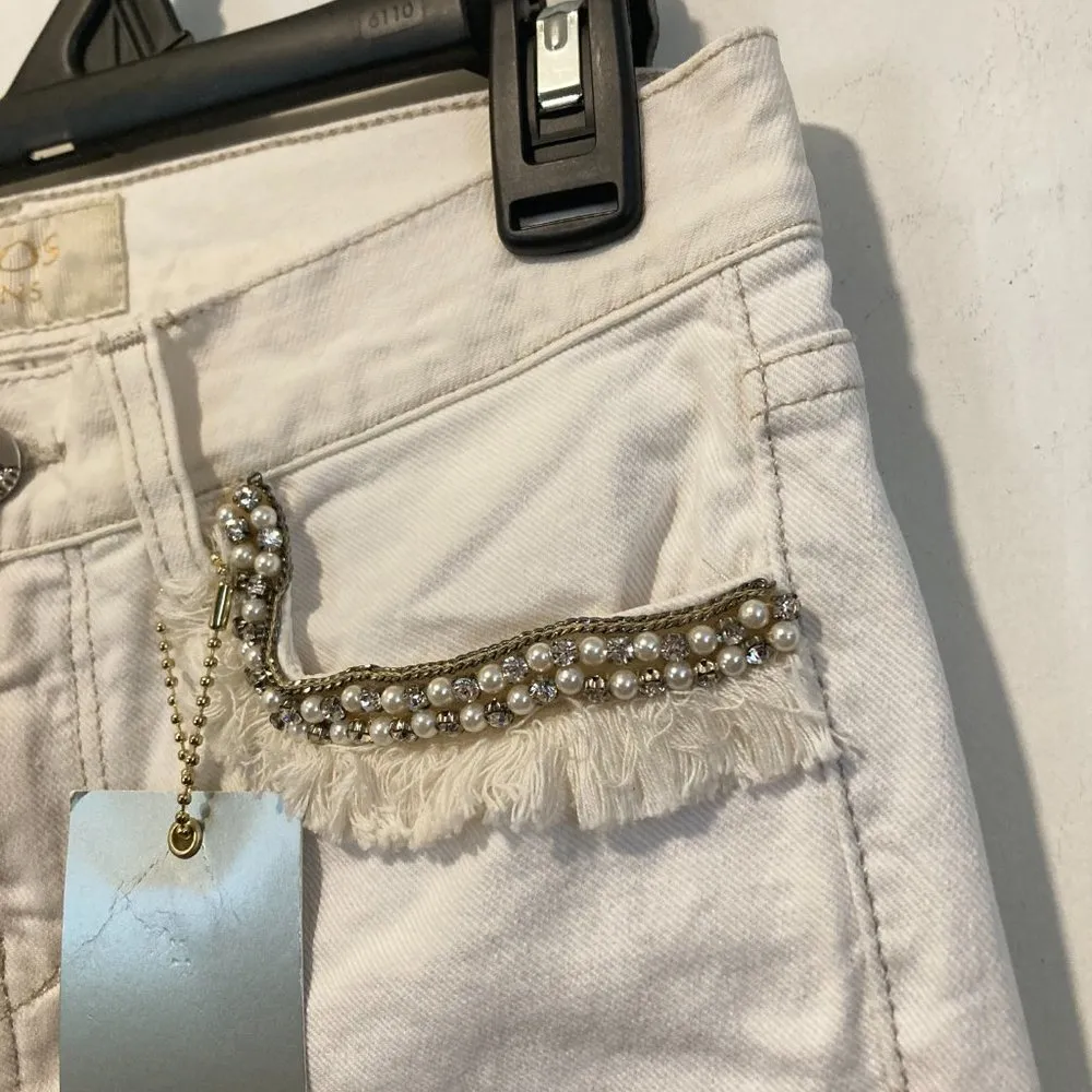 Kaos women's size 25 stretch beige denim fringe pearly gem embellish crop jeans - Image 2