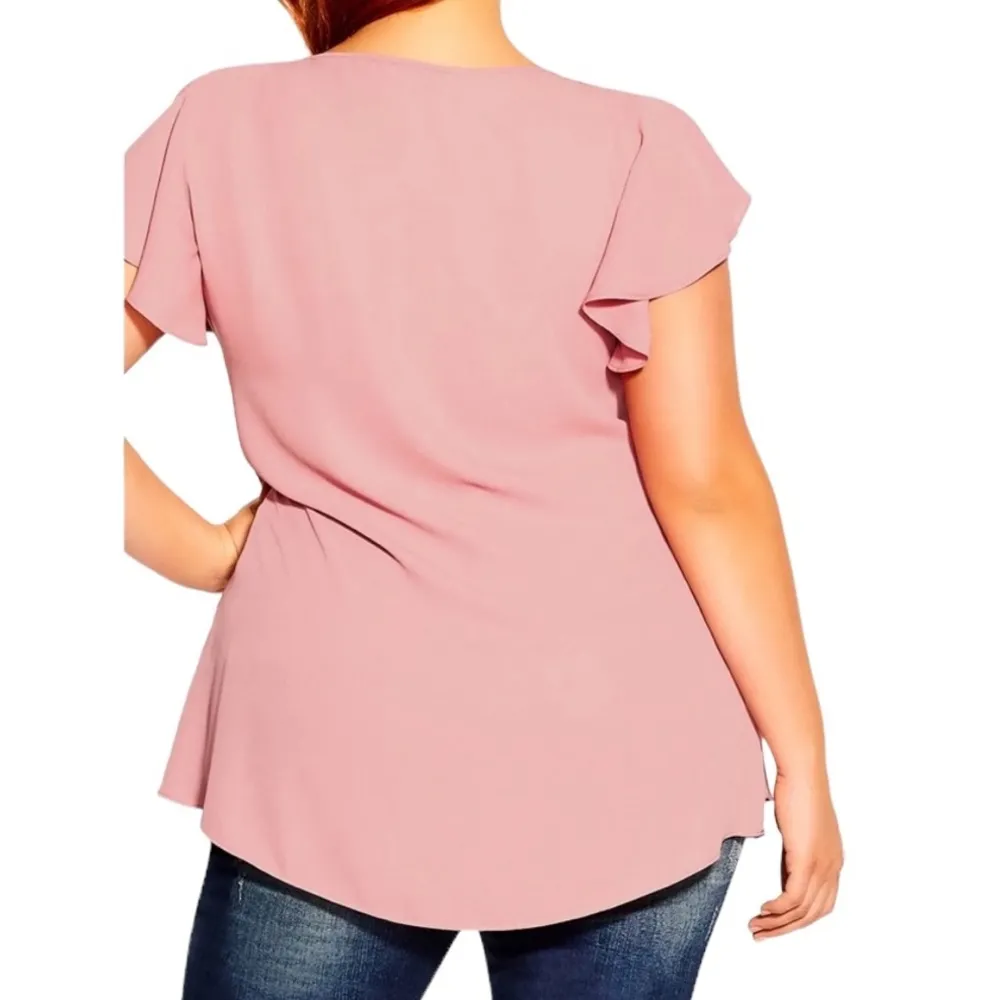 CITY CHIC ROSE GOLD ZIP FLING PINK FLOUNCE FLUTTER SHORT SLEEVE TOP M/18 - Image 2
